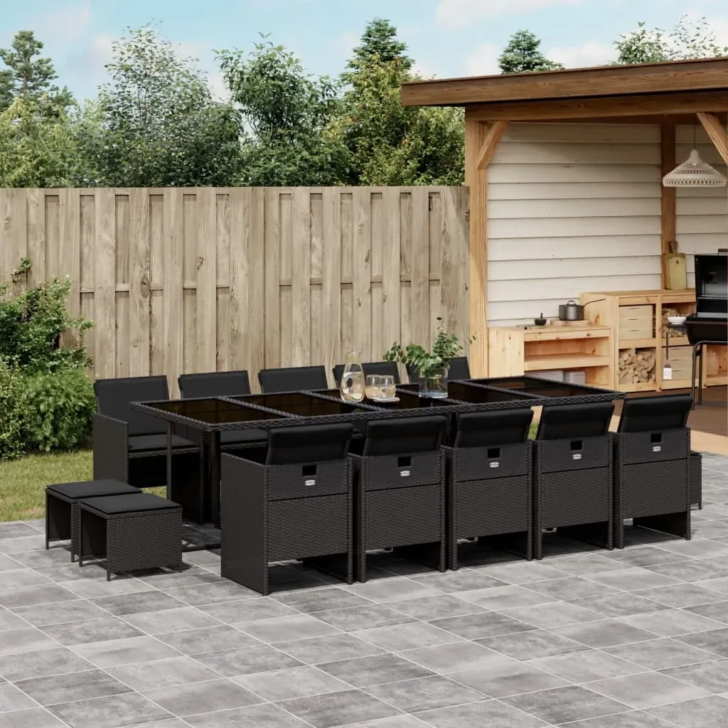 15 Piece Garden Dining Set with Cushions Black Poly Rattan 15 Piece Garden Dining Set with Cushions Black Poly Rattan