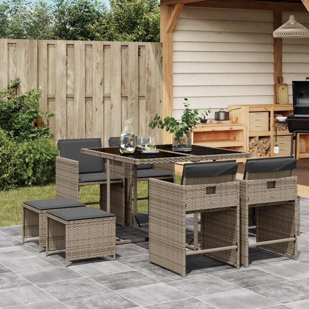 9 Piece Garden Dining Set with Cushions Grey Poly Rattan 9 Piece Garden Dining Set with Cushions Grey Poly Rattan