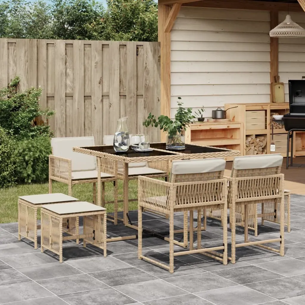 9 Piece Garden Dining Set with Cushions Beige Poly Rattan 9 Piece Garden Dining Set with Cushions Beige Poly Rattan