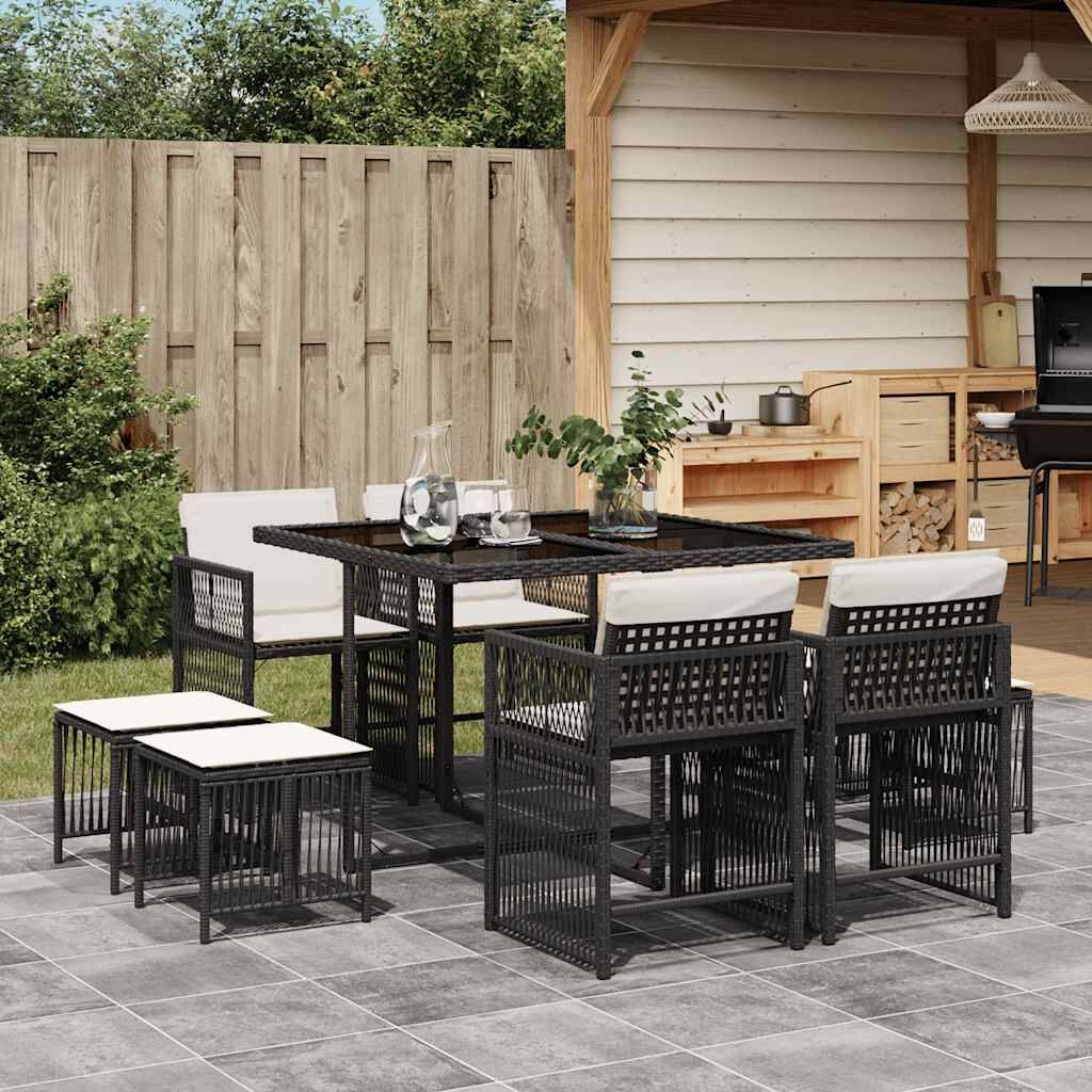 9 Piece Garden Dining Set with Cushions Black Poly Rattan 9 Piece Garden Dining Set with Cushions Black Poly Rattan