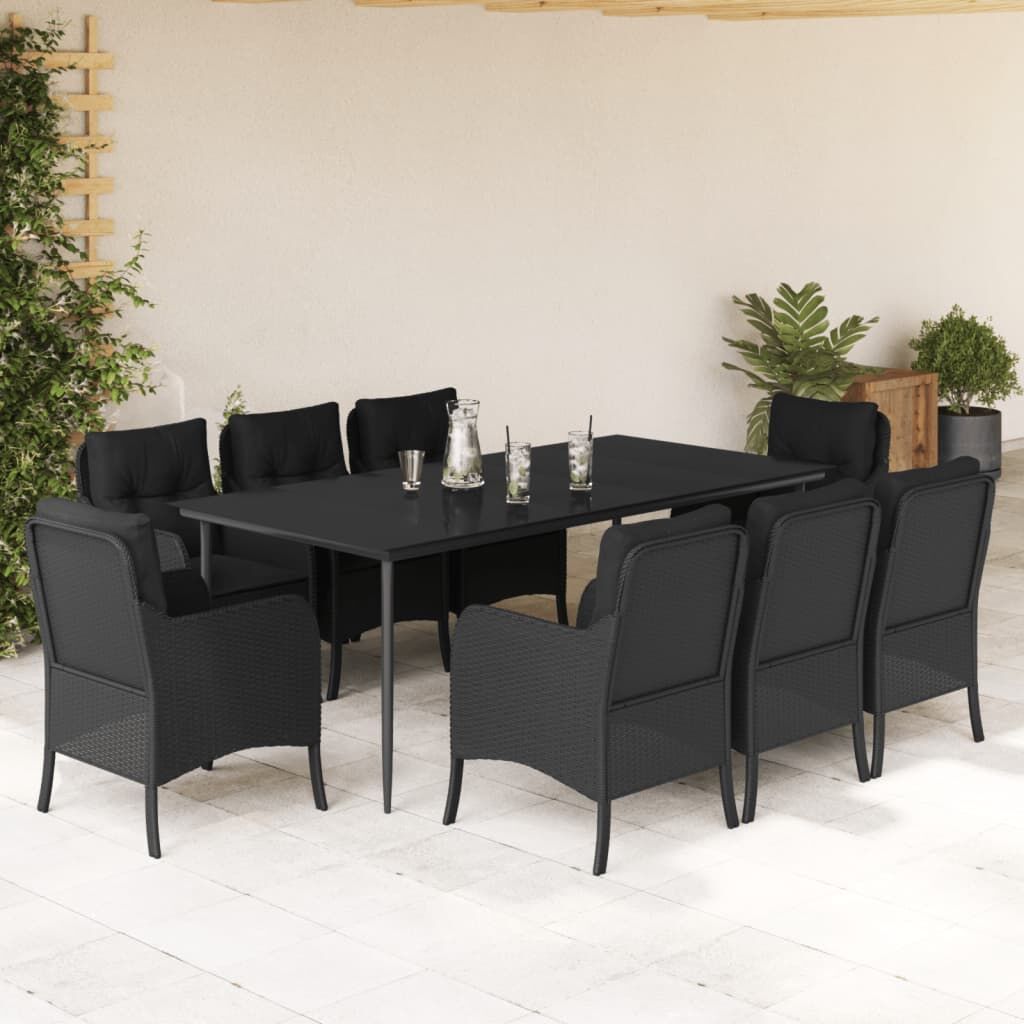 9 Piece Garden Dining Set with Cushions Black Poly Rattan 9 Piece Garden Dining Set with Cushions Black Poly Rattan