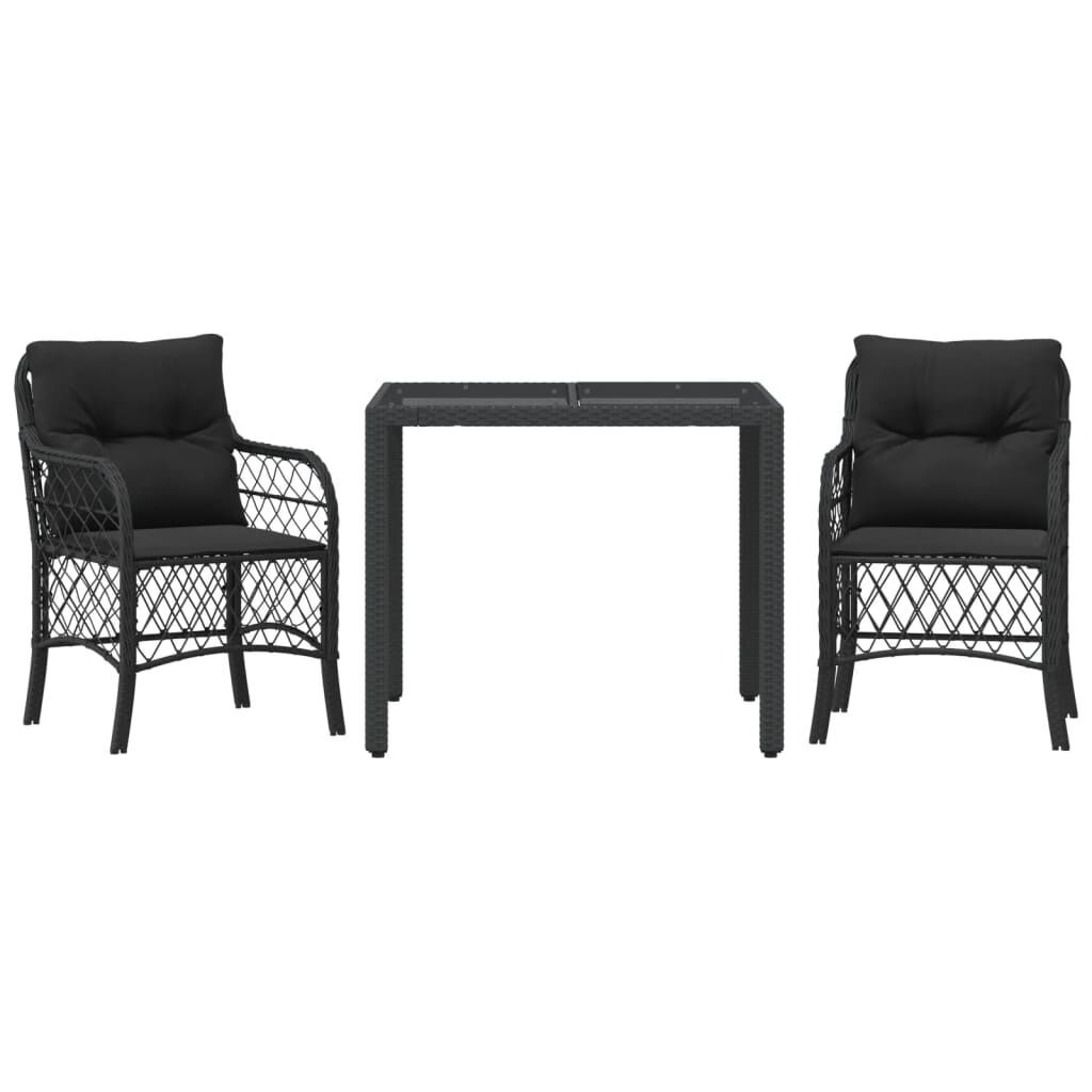 3 Piece Bistro Set with Cushions Black Poly Rattan 3 Piece Bistro Set with Cushions Black Poly Rattan