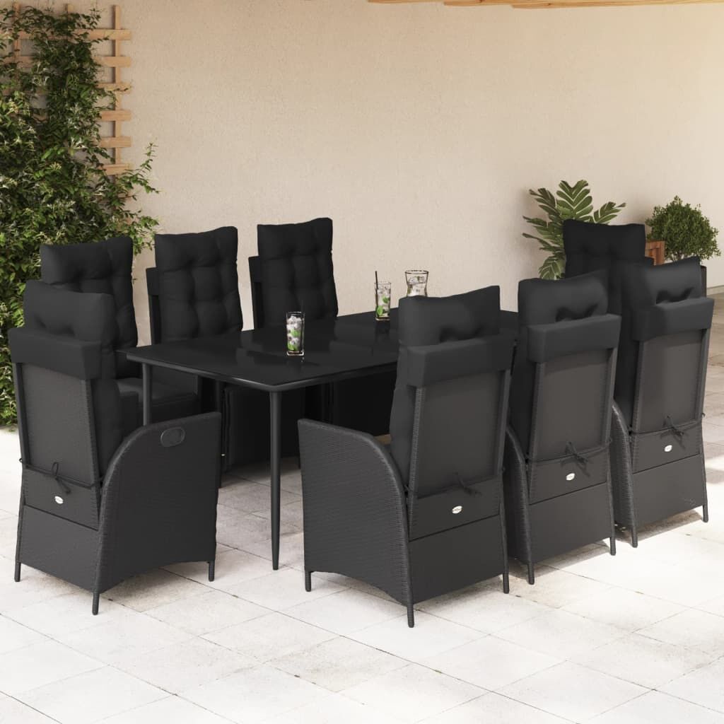 9 Piece Garden Dining Set with Cushions Black Poly Rattan 9 Piece Garden Dining Set with Cushions Black Poly Rattan