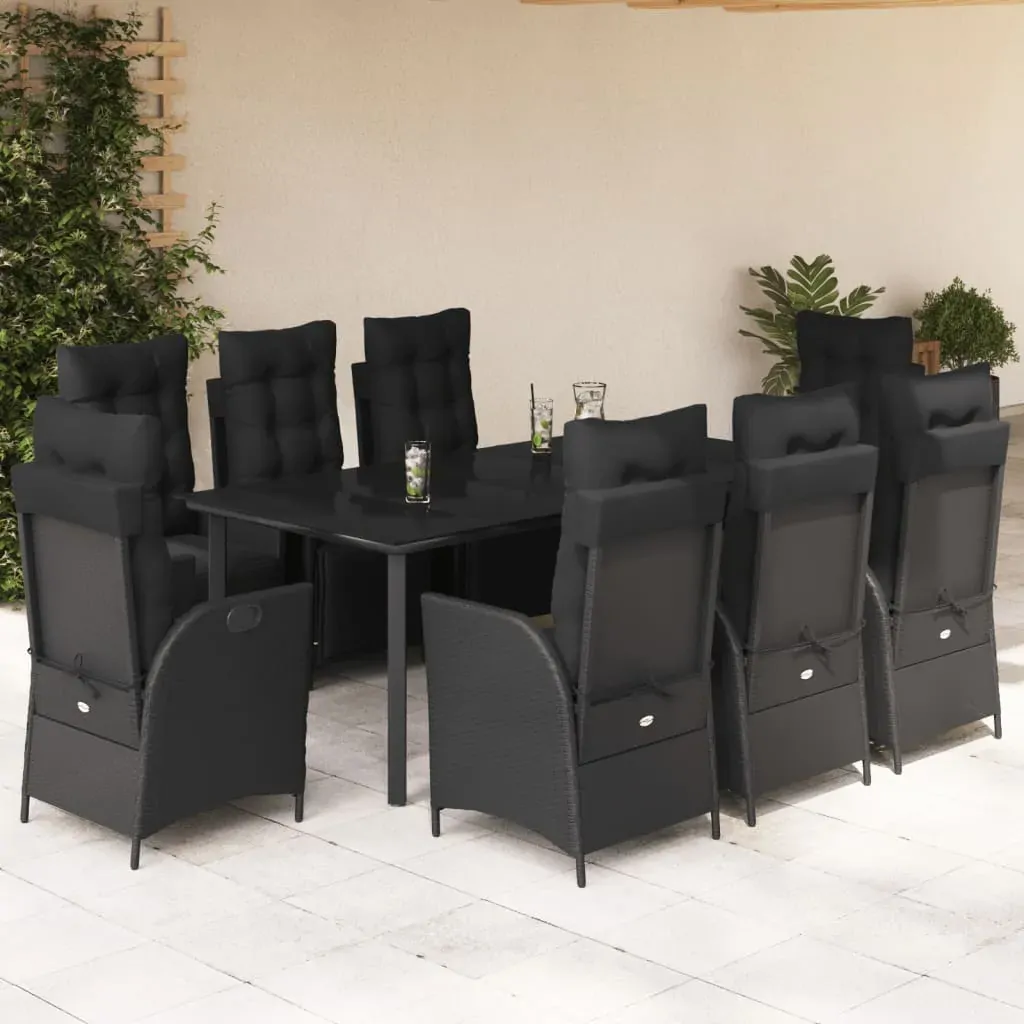 9 Piece Garden Dining Set with Cushions Black Poly Rattan 9 Piece Garden Dining Set with Cushions Black Poly Rattan