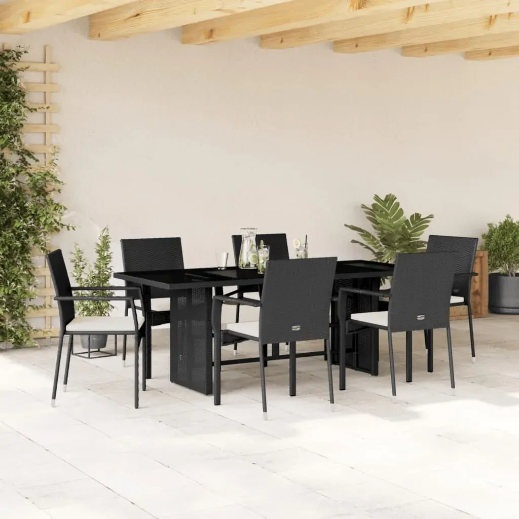 7 Piece Garden Dining Set with Cushions Black Poly Rattan 7 Piece Garden Dining Set with Cushions Black Poly Rattan