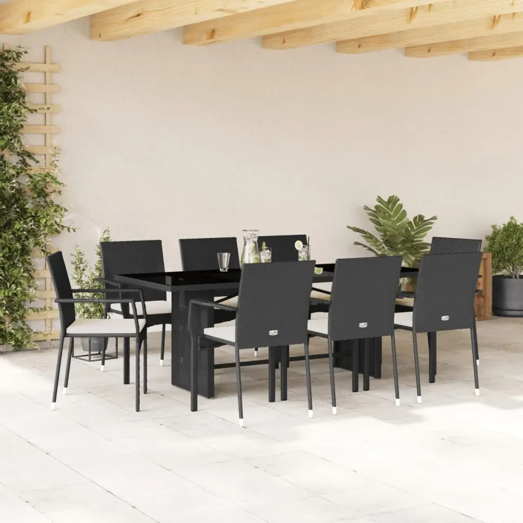9 Piece Garden Dining Set with Cushions Black Poly Rattan 9 Piece Garden Dining Set with Cushions Black Poly Rattan