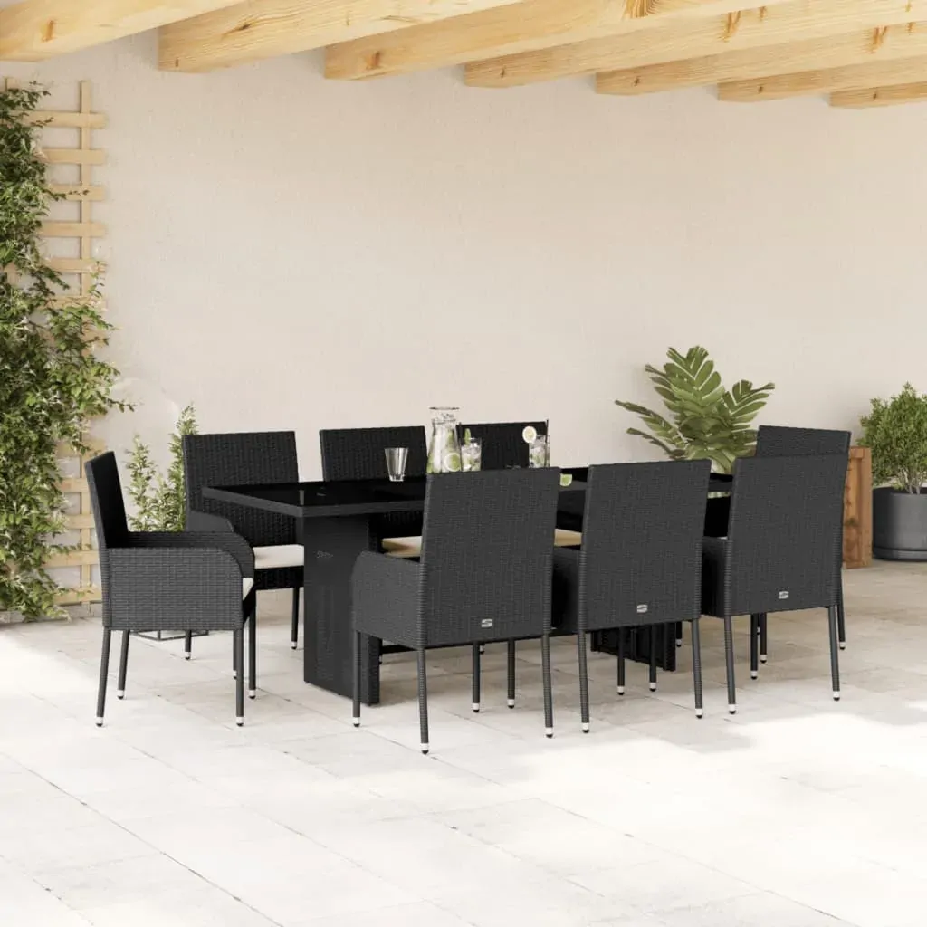 9 Piece Garden Dining Set with Cushions Black Poly Rattan 9 Piece Garden Dining Set with Cushions Black Poly Rattan