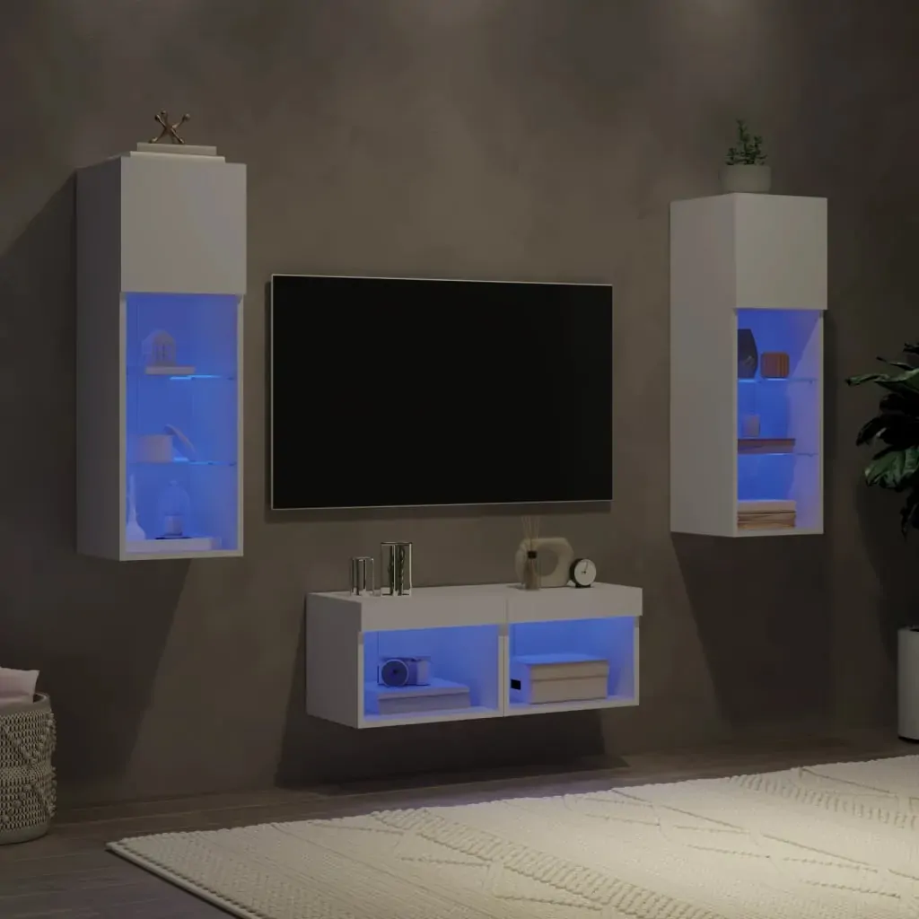 4 Piece TV Wall Cabinets with LED Lights White 4 Piece TV Wall Cabinets with LED Lights White