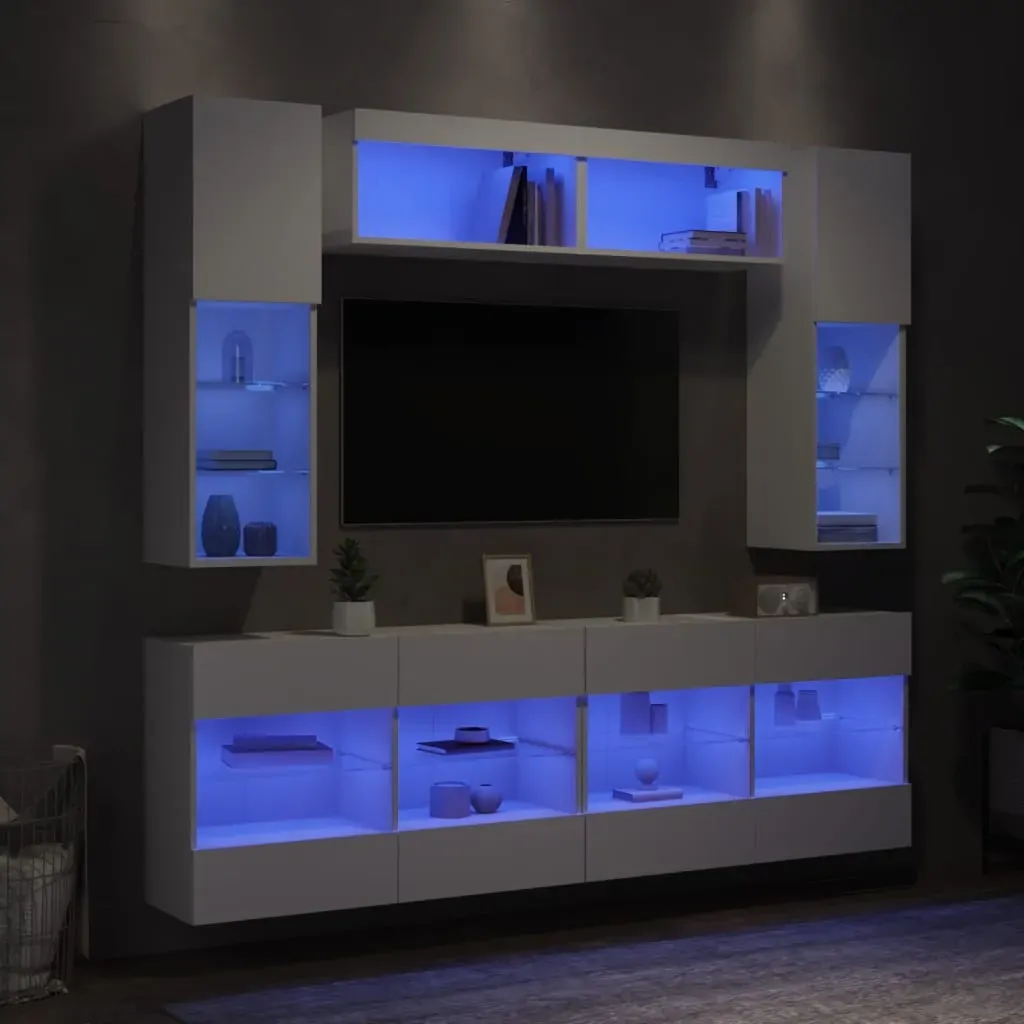 6 Piece TV Wall Cabinet Set with LED Lights White 6 Piece TV Wall Cabinet Set with LED Lights White
