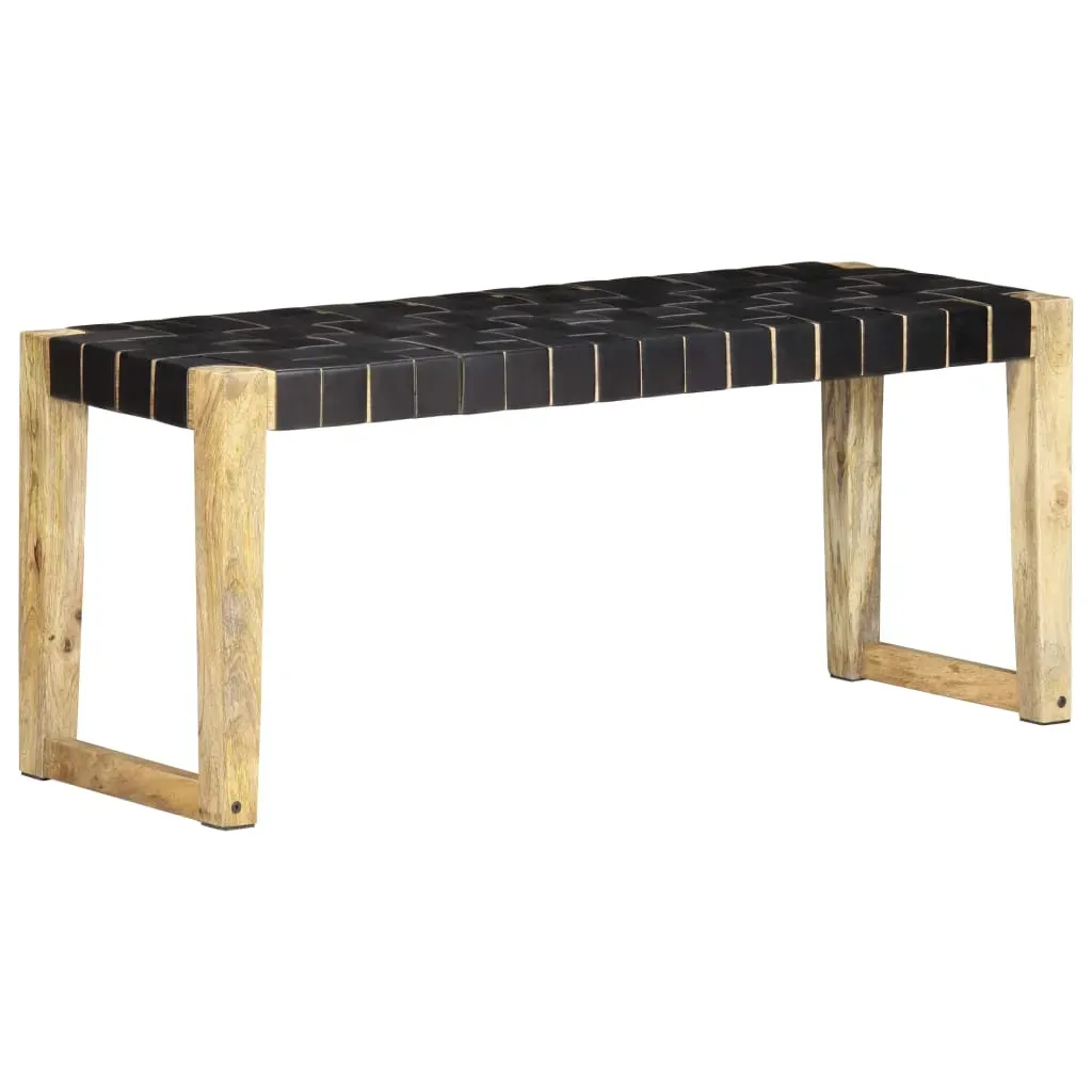 Bench 110 cm Black Real Leather and Solid Mango Wood Bench 110 cm Black Real Leather and Solid Mango Wood