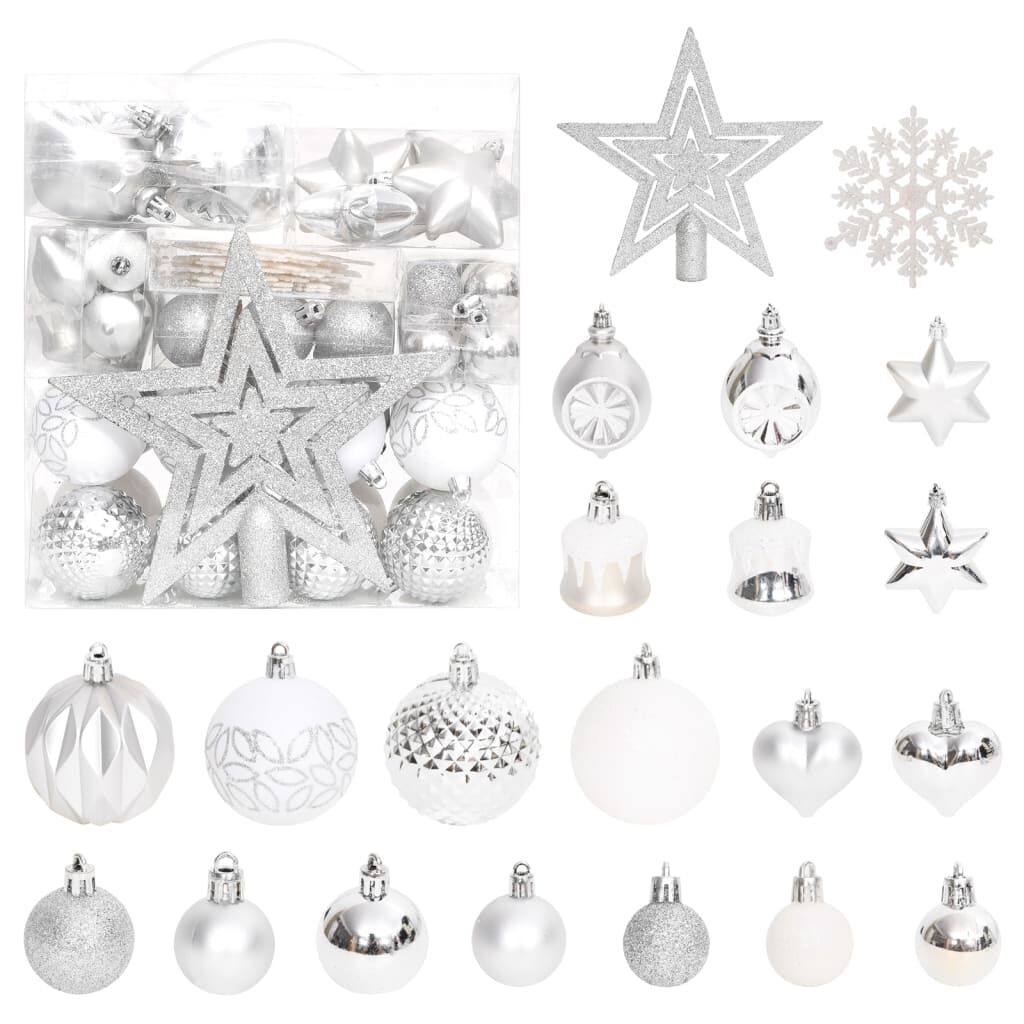70 Piece Christmas Bauble Set Silver and White 70 Piece Christmas Bauble Set Silver and White