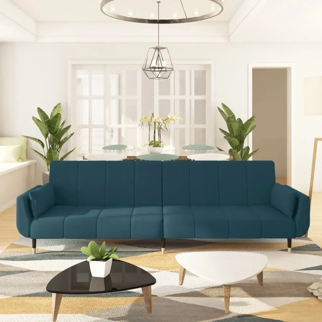 2-Seater Sofa Bed with Two Pillows Blue Velvet 2-Seater Sofa Bed with Two Pillows Blue Velvet