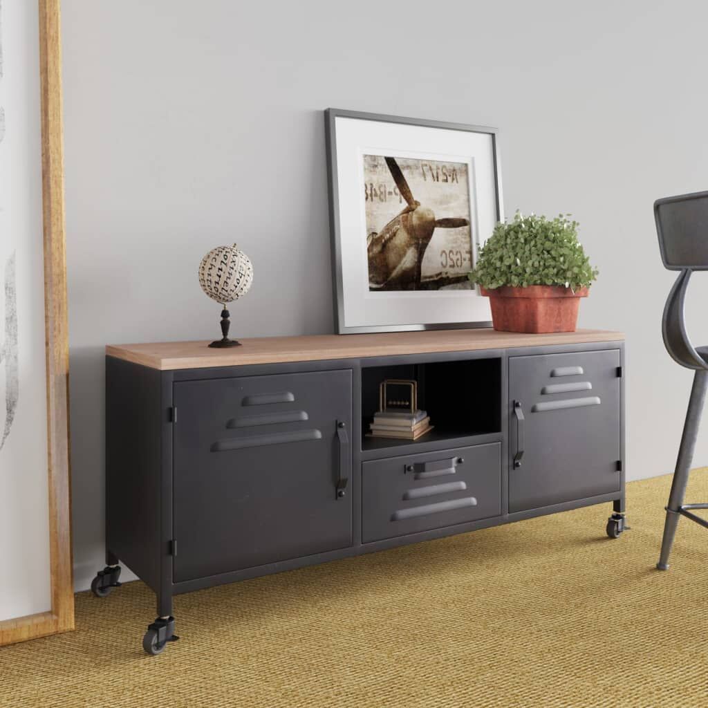 TV Cabinet Black 110x30x43 cm Iron and Solid Wood Fir TV Cabinet Black 110x30x43 cm Iron and Solid Wood Fir