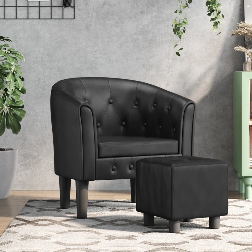 Tub Chair with Footstool Black Faux Leather Tub Chair with Footstool Black Faux Leather