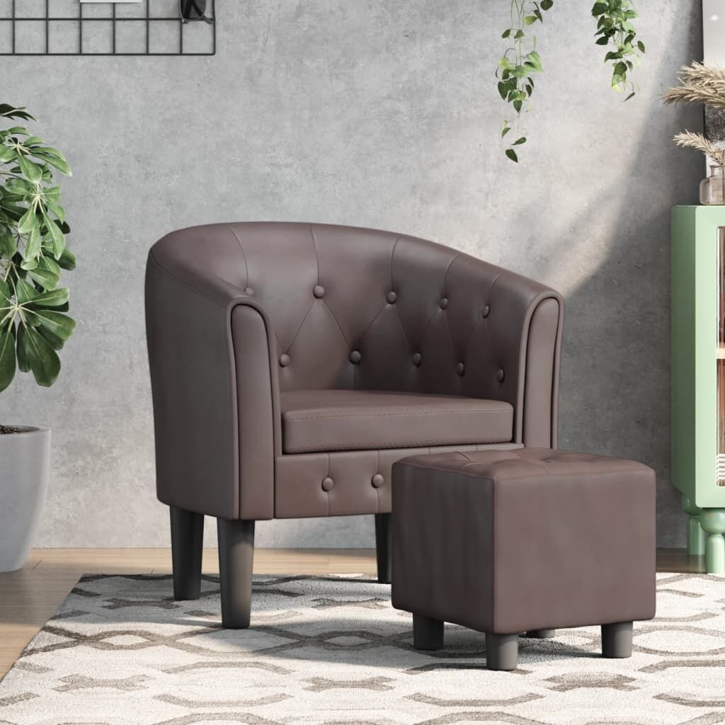Tub Chair with Footstool Brown Faux Leather Tub Chair with Footstool Brown Faux Leather