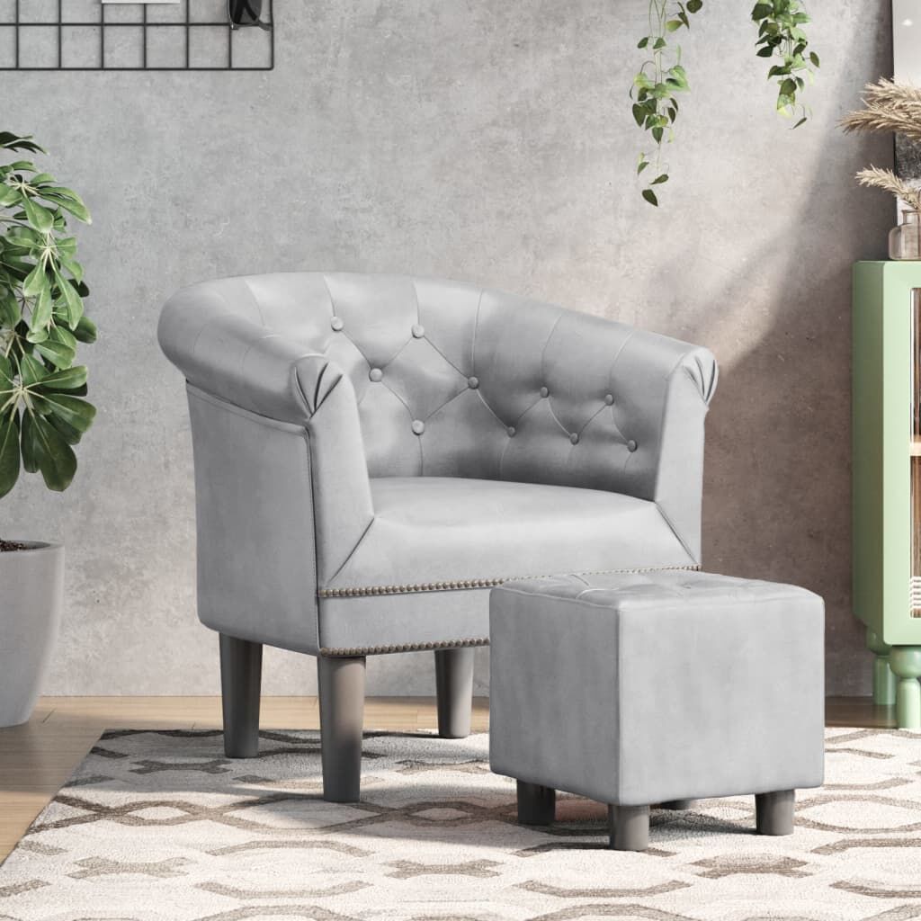 Tub Chair with Footstool Silver Faux Leather Tub Chair with Footstool Silver Faux Leather
