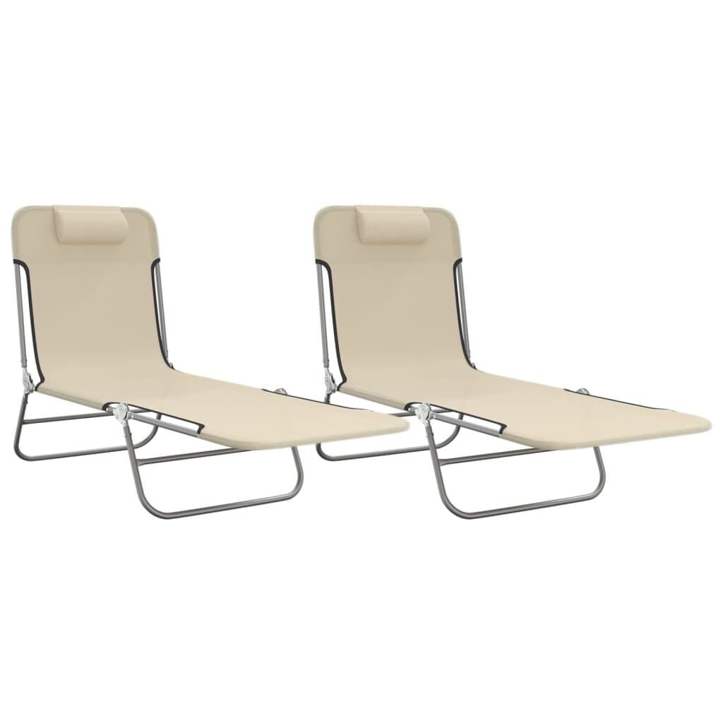 Folding Sun Loungers 2 pcs Cream Textilene and Steel Folding Sun Loungers 2 pcs Cream Textilene and Steel