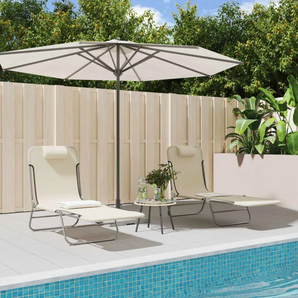 Folding Sun Loungers 2 pcs Cream Textilene and Steel Folding Sun Loungers 2 pcs Cream Textilene and Steel