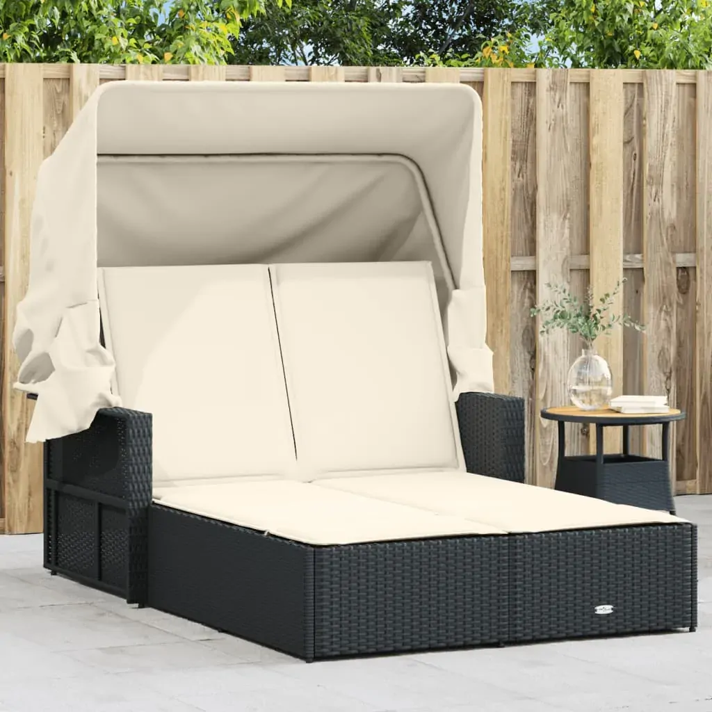 Double Sun Lounger with Canopy and Cushions Black Poly Rattan Double Sun Lounger with Canopy and Cushions Black Poly Rattan