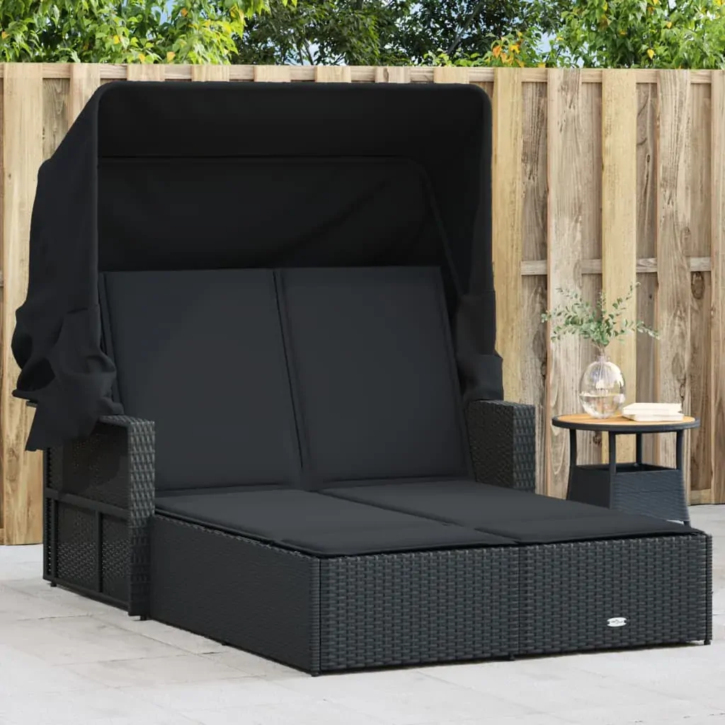 Double Sun Lounger with Canopy and Cushions Black Poly Rattan Double Sun Lounger with Canopy and Cushions Black Poly Rattan