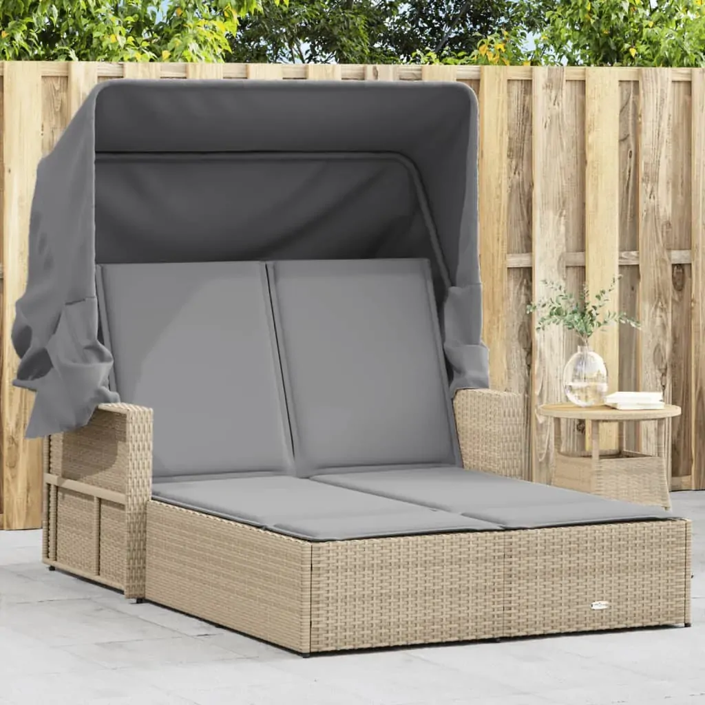 Double Sun Lounger with Canopy and Cushions Mix Beige Poly Rattan Double Sun Lounger with Canopy and Cushions Mix Beige Poly Rattan