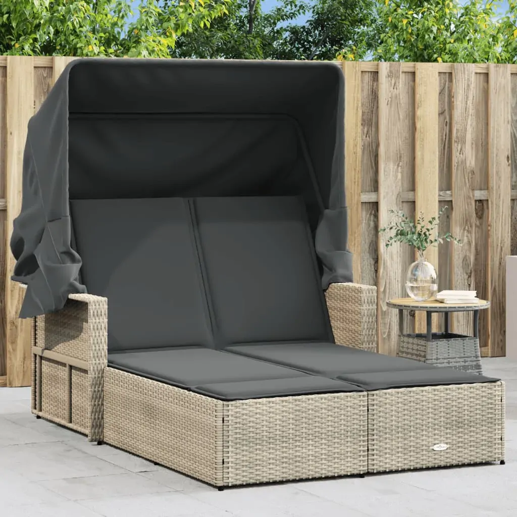 Double Sun Lounger with Canopy and Cushions Light Grey Poly Rattan Double Sun Lounger with Canopy and Cushions Light Grey Poly Rattan