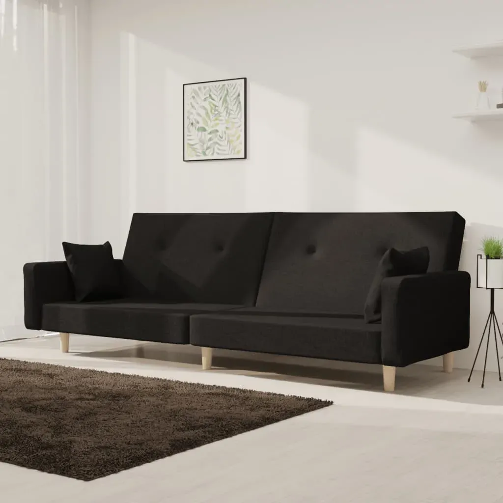 2-Seater Sofa Bed with Two Pillows Black Fabric 2-Seater Sofa Bed with Two Pillows Black Fabric