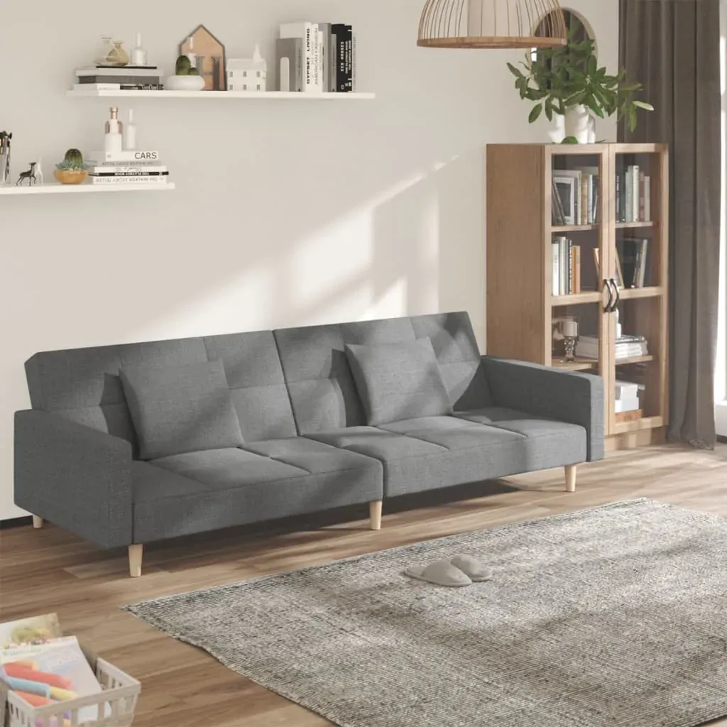 2-Seater Sofa Bed with Two Pillows Light Grey Fabric 2-Seater Sofa Bed with Two Pillows Light Grey Fabric