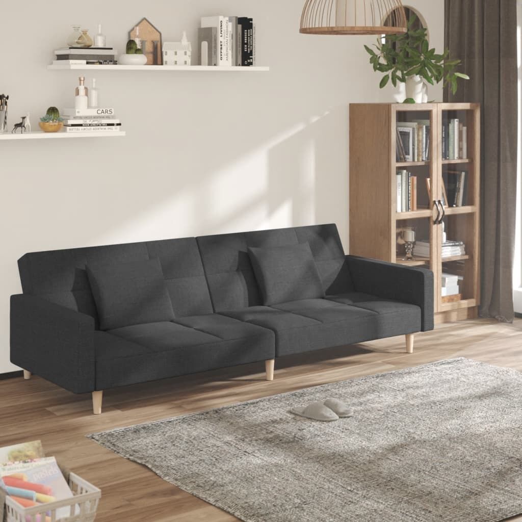 2-Seater Sofa Bed with Two Pillows Dark Grey Fabric 2-Seater Sofa Bed with Two Pillows Dark Grey Fabric