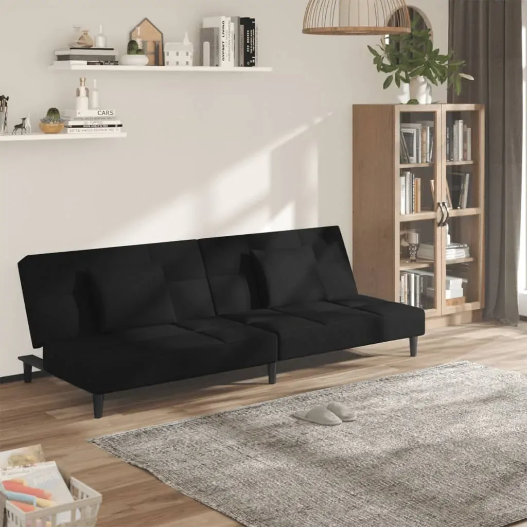 2-Seater Sofa Bed with Two Pillows Black Velvet 2-Seater Sofa Bed with Two Pillows Black Velvet