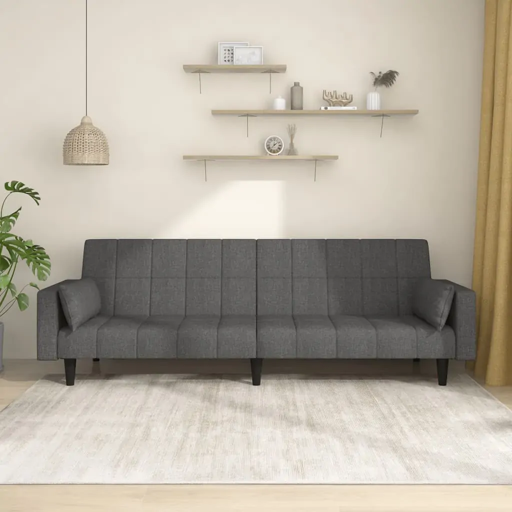 2-Seater Sofa Bed with Two Pillows Dark Grey Fabric 2-Seater Sofa Bed with Two Pillows Dark Grey Fabric