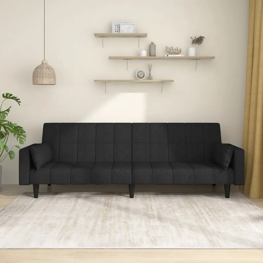 2-Seater Sofa Bed with Two Pillows Black Fabric 2-Seater Sofa Bed with Two Pillows Black Fabric