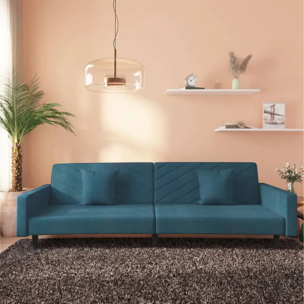 2-Seater Sofa Bed with Two Pillows Blue Velvet 2-Seater Sofa Bed with Two Pillows Blue Velvet