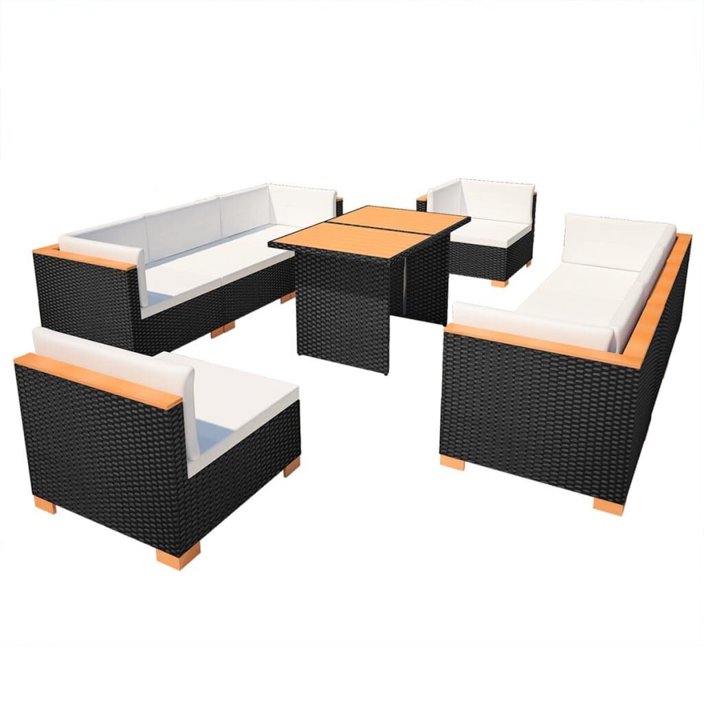 10 Piece Garden Lounge Set with Cushions Poly Rattan Black 10 Piece Garden Lounge Set with Cushions Poly Rattan Black