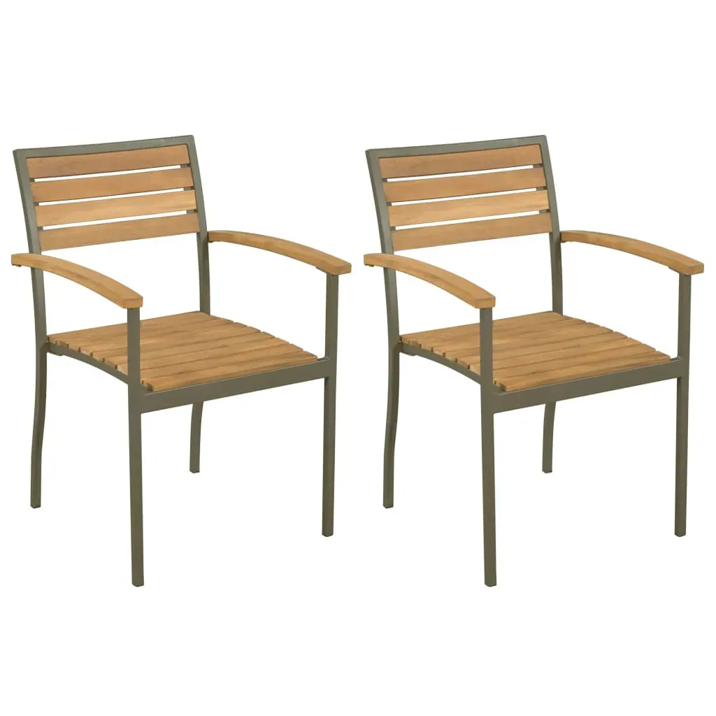 Stackable Outdoor Chairs 2 pcs Solid Acacia Wood and Steel Stackable Outdoor Chairs 2 pcs Solid Acacia Wood and Steel
