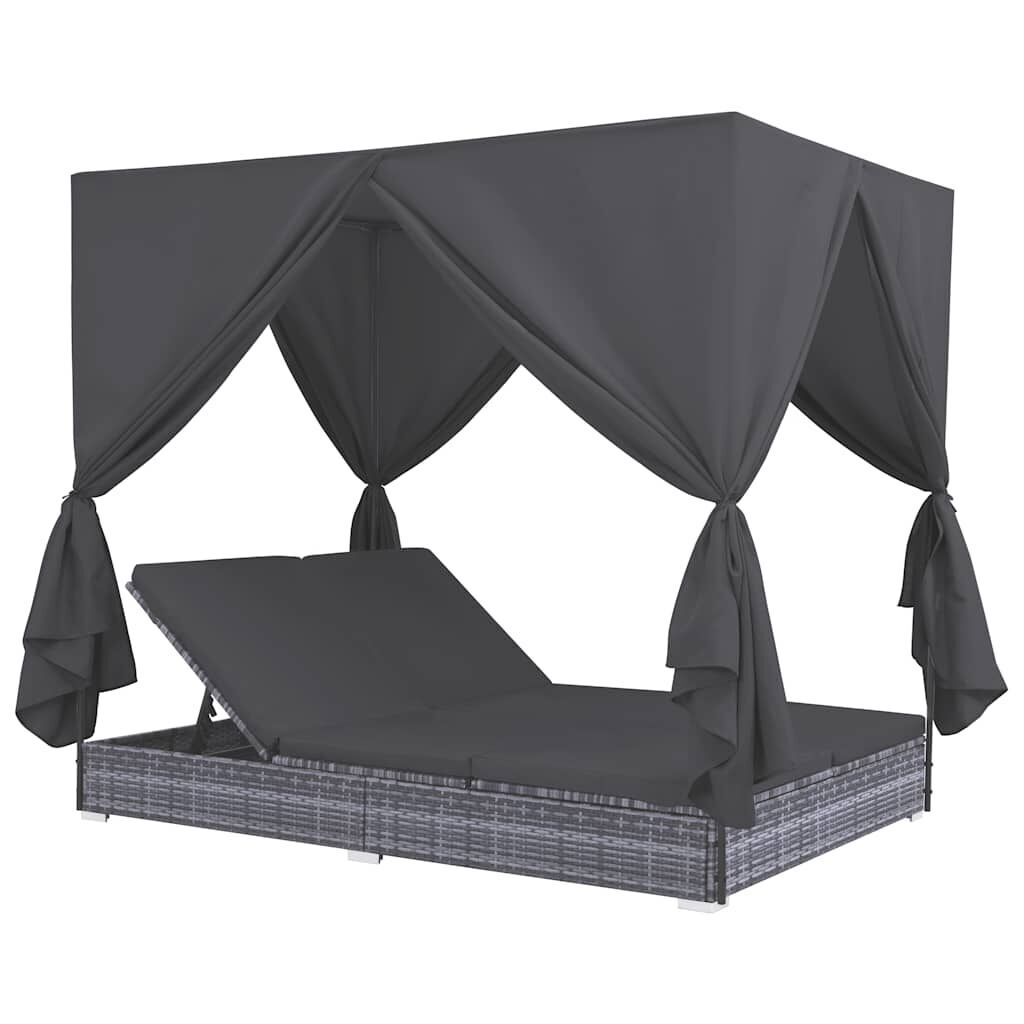Outdoor Lounge Bed with Curtains Poly Rattan Grey Outdoor Lounge Bed with Curtains Poly Rattan Grey