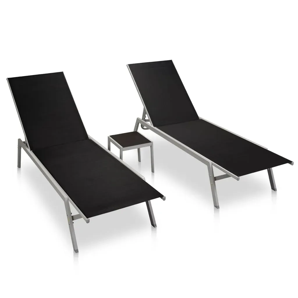 Sun Loungers 2 pcs with Table Steel and Textilene Black Sun Loungers 2 pcs with Table Steel and Textilene Black