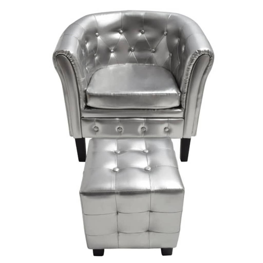 Tub Chair with Footstool Silver Faux Leather Tub Chair with Footstool Silver Faux Leather