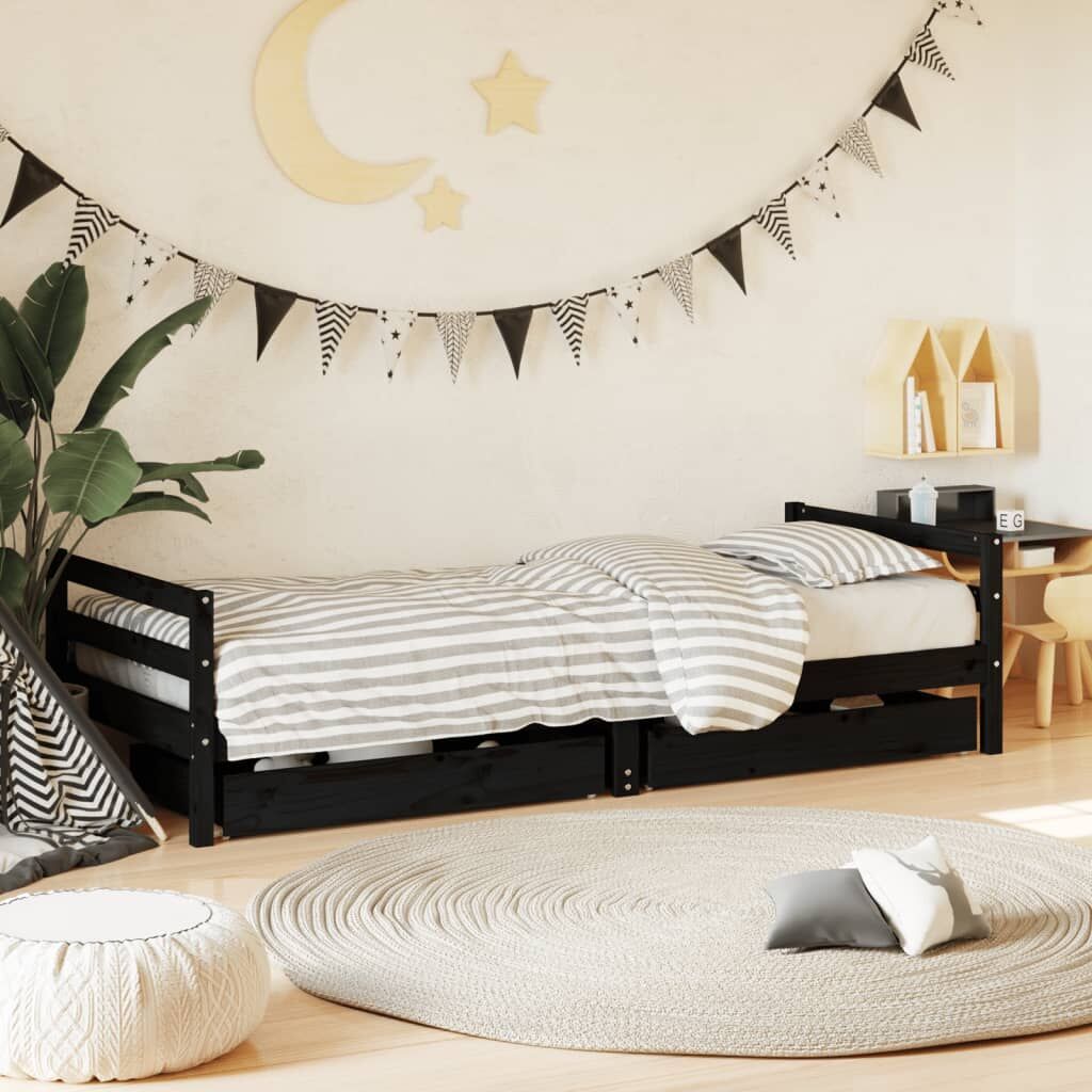 Kids Bed Frame with Drawers Black 90x190 cm Solid Wood Pine Kids Bed Frame with Drawers Black 90x190 cm Solid Wood Pine