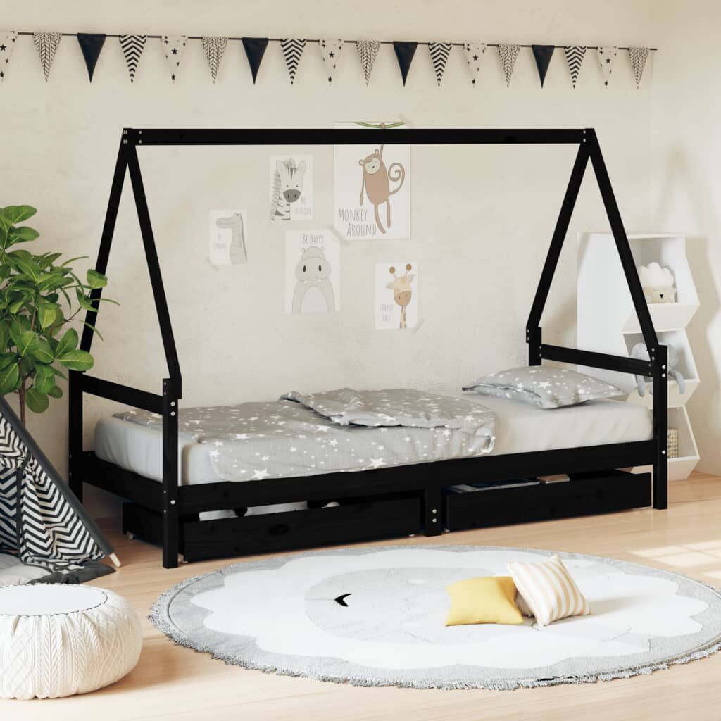 Kids Bed Frame with Drawers Black 90x190 cm Solid Wood Pine Kids Bed Frame with Drawers Black 90x190 cm Solid Wood Pine