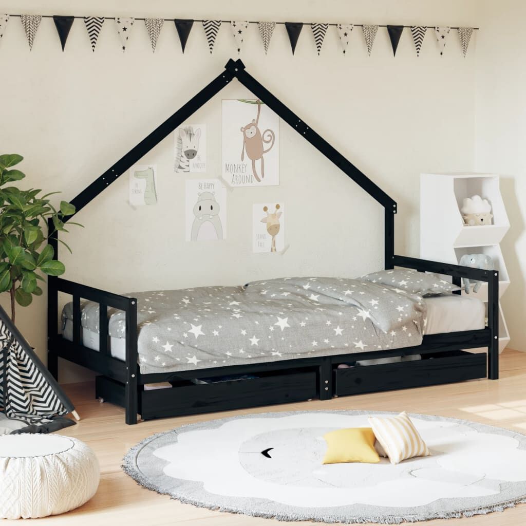 Kids Bed Frame with Drawers Black 90x190 cm Solid Wood Pine Kids Bed Frame with Drawers Black 90x190 cm Solid Wood Pine