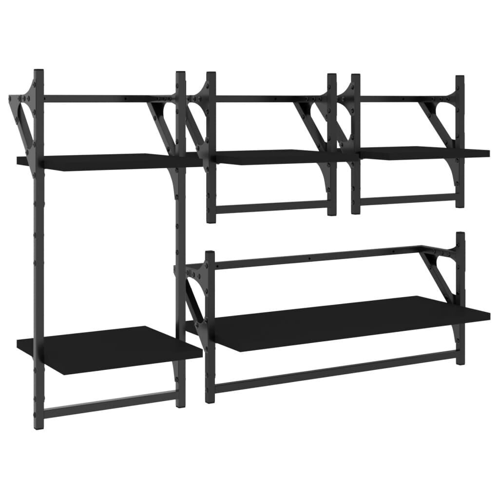 4 Piece Wall Shelf Set with Bars Black Engineered Wood 4 Piece Wall Shelf Set with Bars Black Engineered Wood
