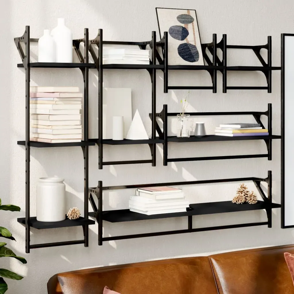 6 Piece Wall Shelf Set with Bars Black Engineered Wood 6 Piece Wall Shelf Set with Bars Black Engineered Wood