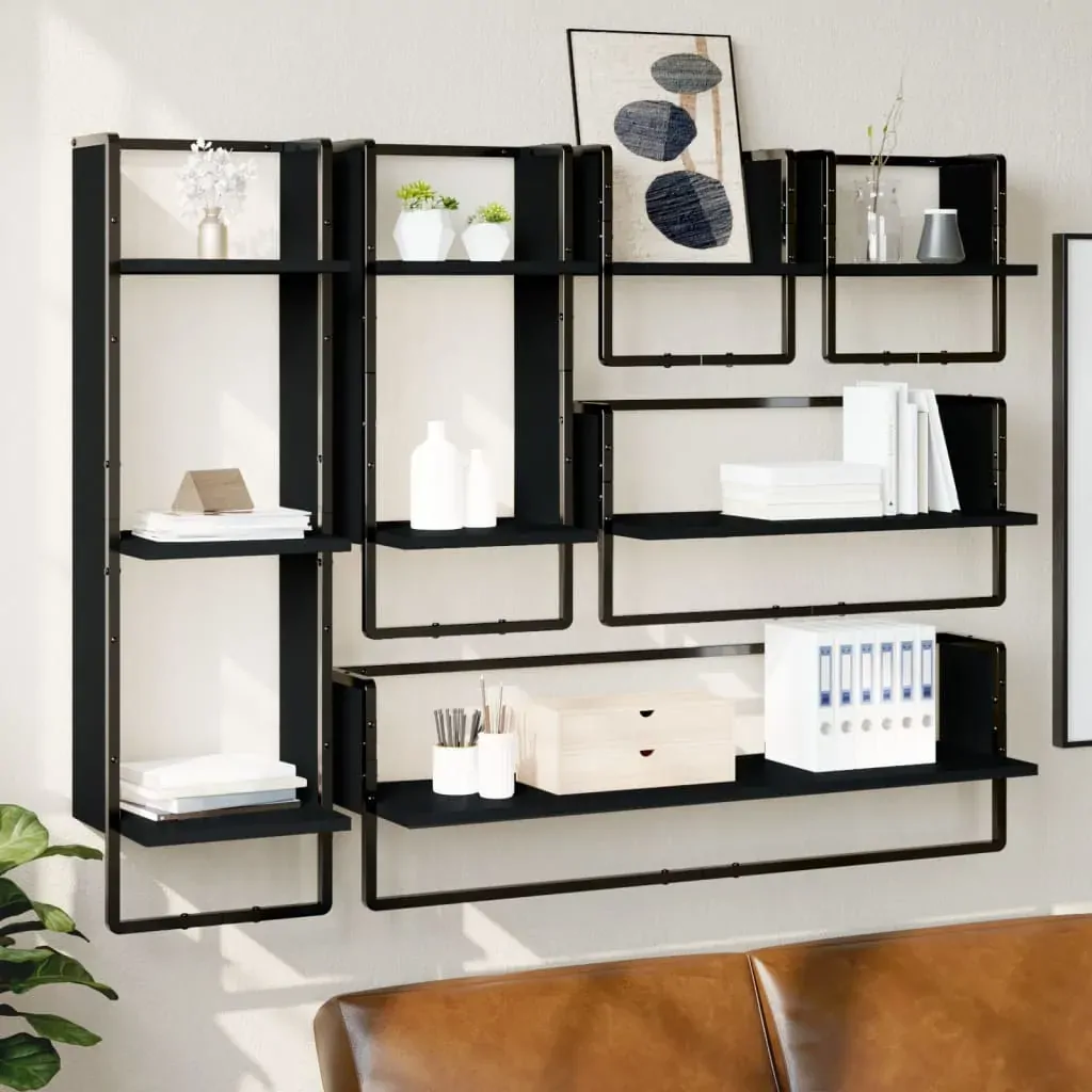 6 Piece Wall Shelf Set with Bars Black Engineered Wood 6 Piece Wall Shelf Set with Bars Black Engineered Wood