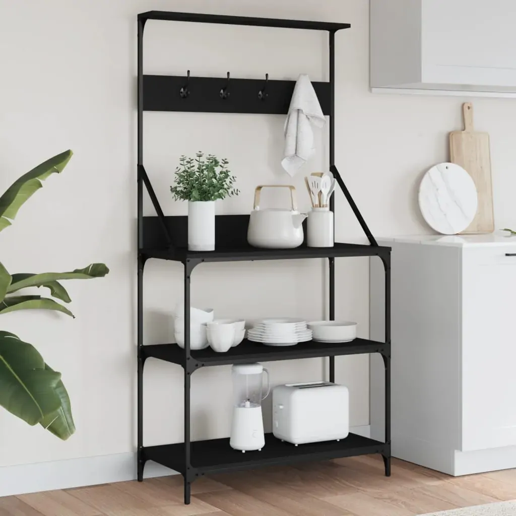 Baker's Rack with Hooks 4-Tier Black Engineered Wood Baker's Rack with Hooks 4-Tier Black Engineered Wood