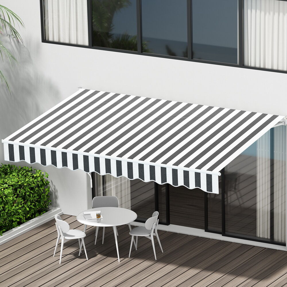 Instahut Retractable Folding Arm Awning Manual Sunshade 4Mx3M Grey White Instahut Retractable Folding Arm Awning Manual Sunshade 4Mx3M Grey White