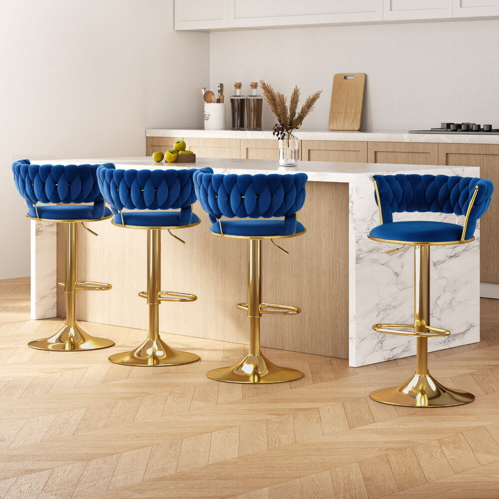 Artiss 4x Bar Stools Gas Lift Velvet Woven Backrest Navy Artiss 4x Bar Stools Gas Lift Velvet Woven Backrest Navy