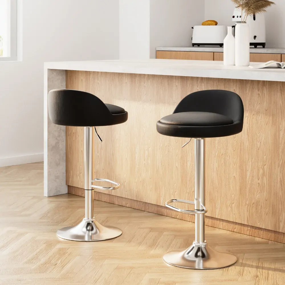 2x Bar Stools PU Leather Gas Lift Black 2x Bar Stools PU Leather Gas Lift Black