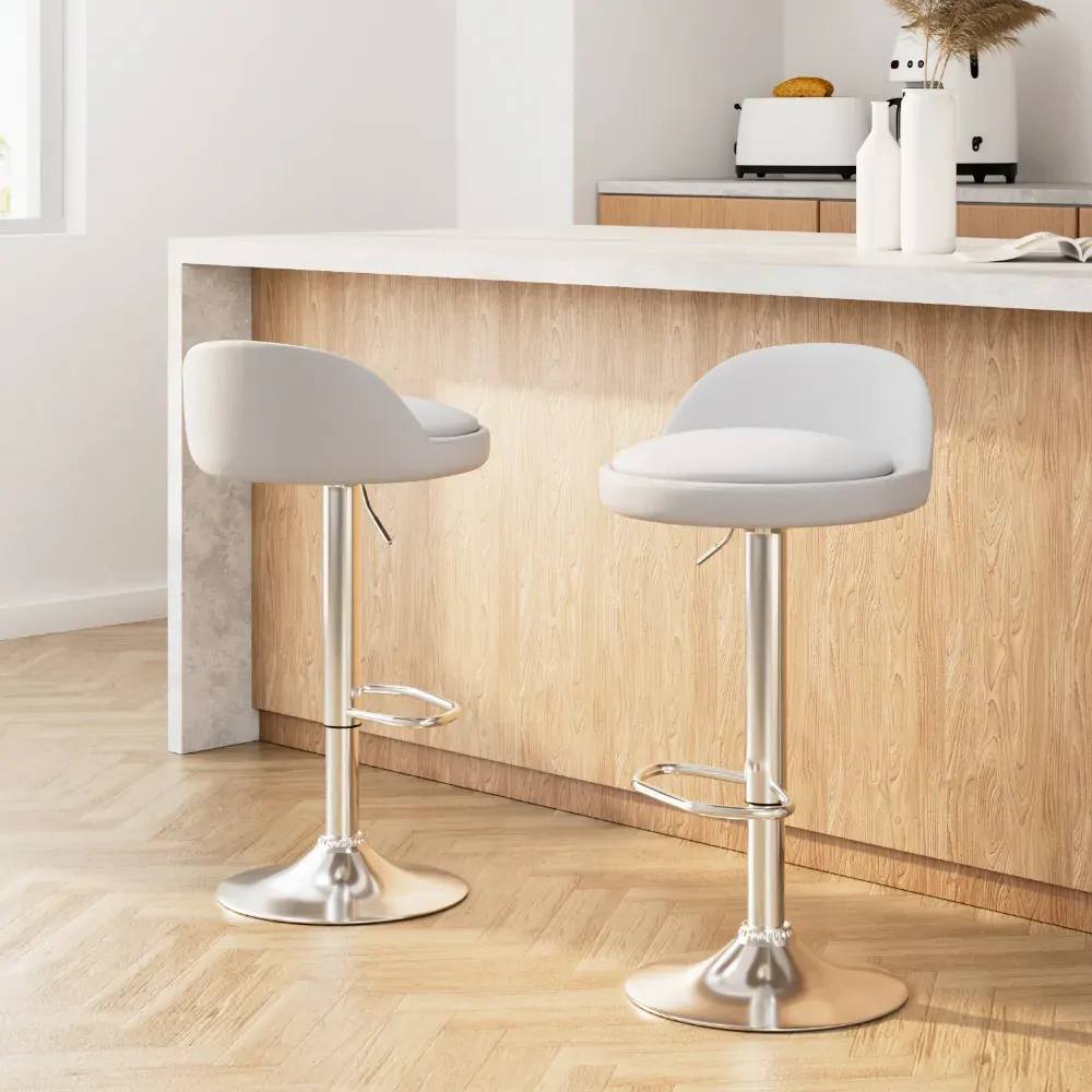 2x Bar Stools PU Leather Gas Lift White 2x Bar Stools PU Leather Gas Lift White