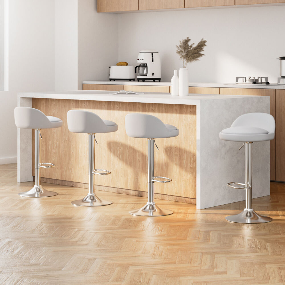 4x Bar Stools PU Leather Gas Lift White 4x Bar Stools PU Leather Gas Lift White